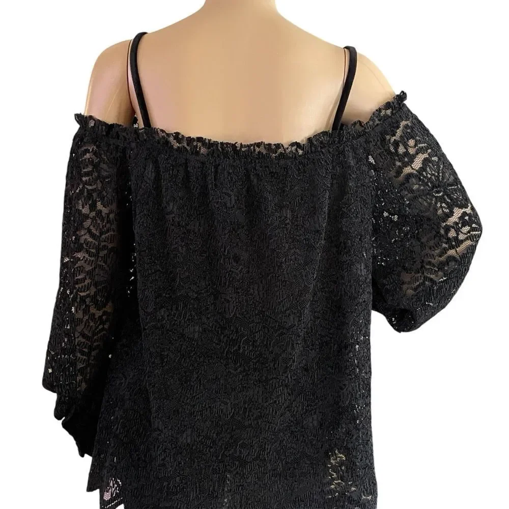 Anthropologie Eri + Ali Romana Lace Off The Shoulder Lined Top Blouse Black Sm